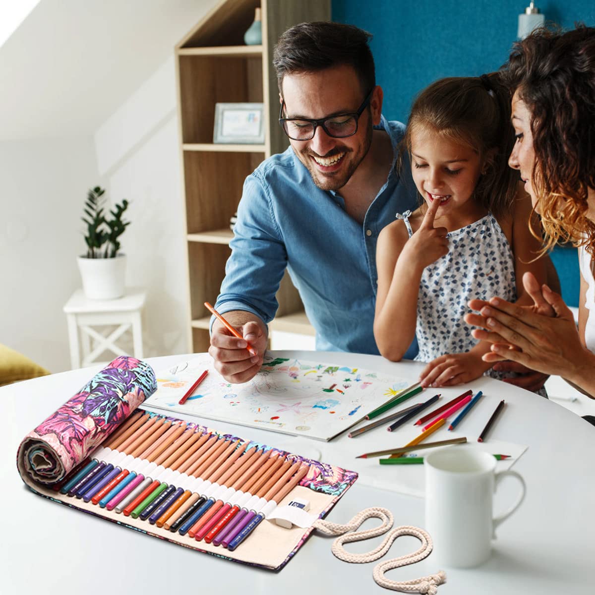 HASTHIP Canvas Pencil Wrap Case for Sketching and Drawing with 48 Slots and 58×20 cm Size | Maple Leaves Print Gift for Students