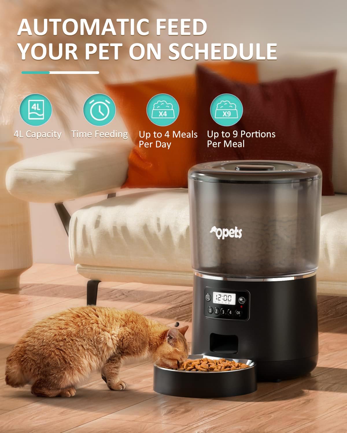 Qpets® Automatic Feeder for Dogs Cats, 4L Automatic Feeder with Stainless Steel Bowl Smart Dry Food Dispenser, Feed with Timer & Portion Control for Medium & Small Pets Poodle, Shepherd, Bichons