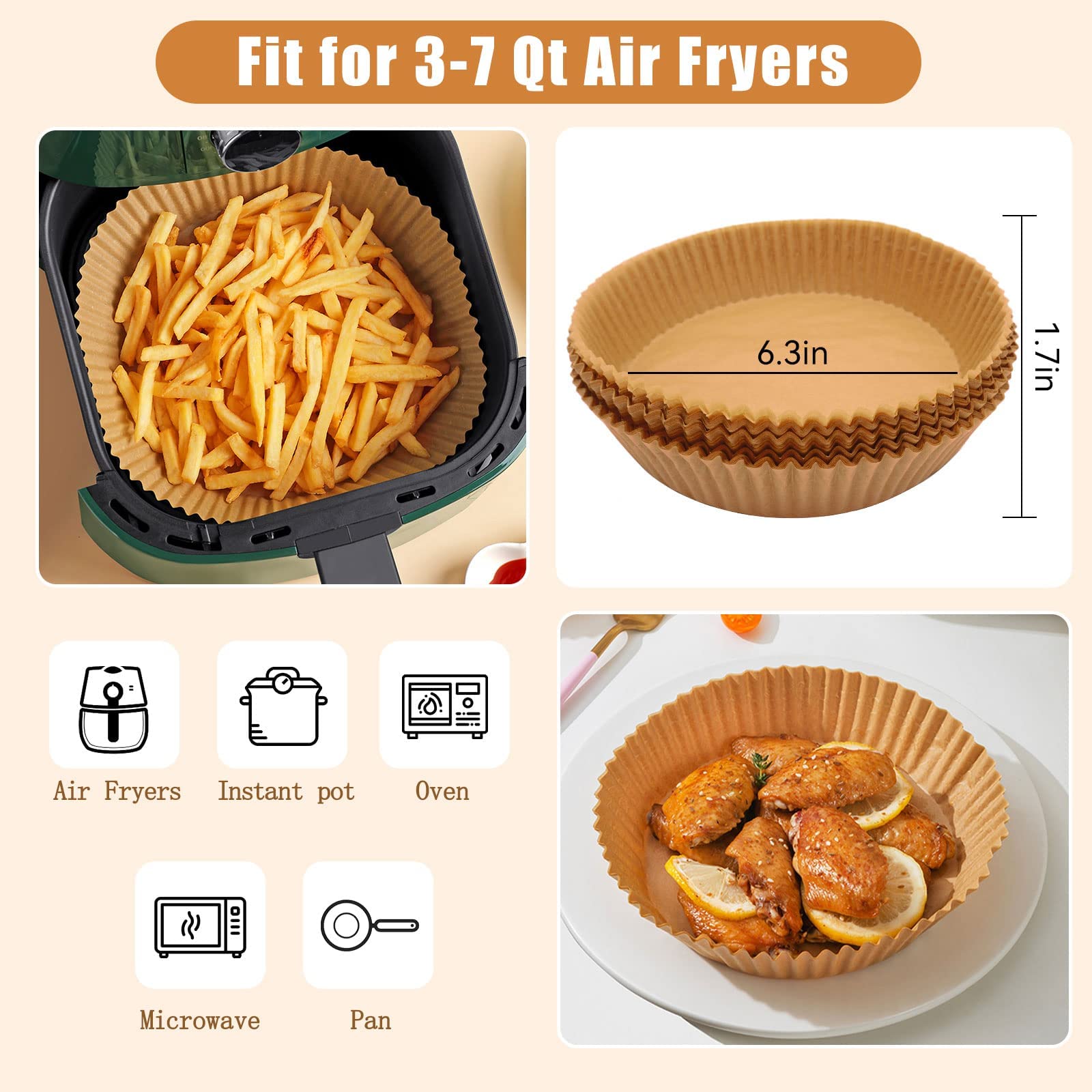 HASTHIP® 50Pcs Air Fryer Disposable Paper Liner, Non-Stick Parchment Paper Plate, Oil-Proof Water-Proof Parchment for Baking Roasting Microwave Frying Pan, Steamer, Airfryer (6.3 inches, Natural)