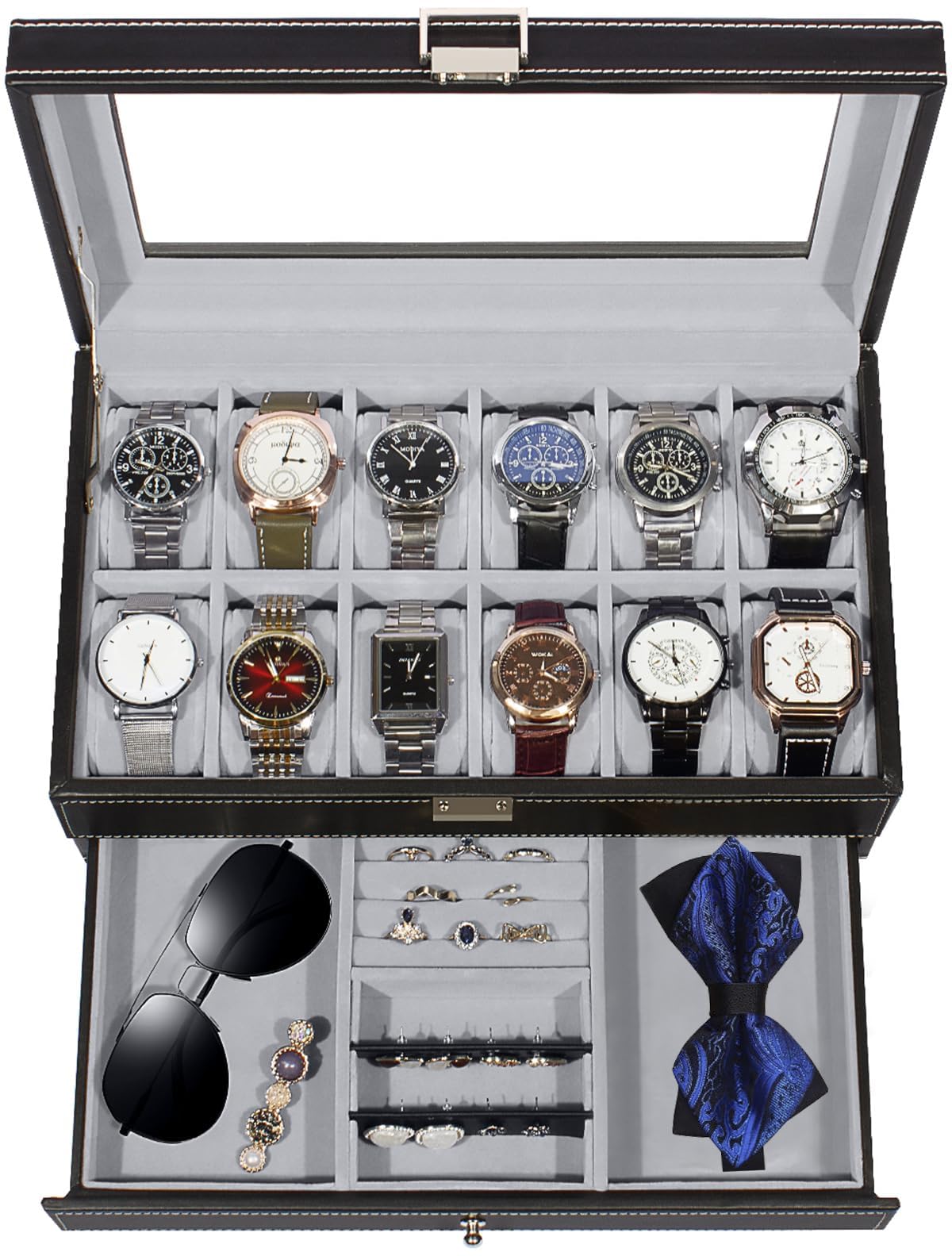 ZIBUYU Men's Jewelry Box Wooden PU Watch Storage Organizer 12-Grid Double Layer Watch Organizer Holder with Pillows Stylish Men Jewelry Box Organizer for Bracelet, Necklace, Rings, Ear Studs, Watches