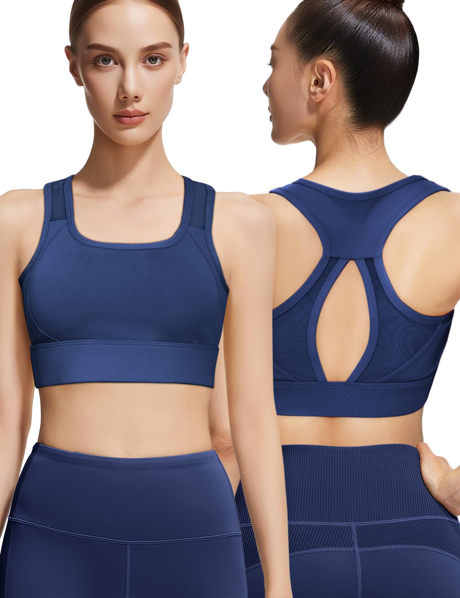 Venzina Sports Bra for Women with Removable Pads featuring Breathable Mesh | Navy Blue