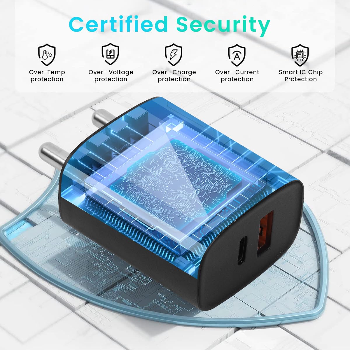 Zeitel Power Adapter with USB A and C Ports and 60W USB C Cable | LCD Display Black