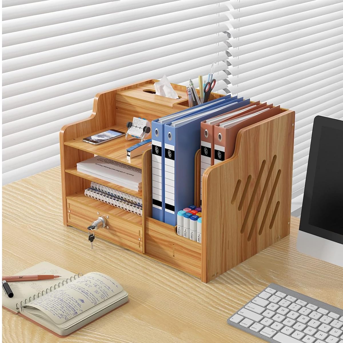 Climberty Wooden Desk Organizer for Office and Home with Lockable Drawer | Cherry Wood 38.3×29×28 cm