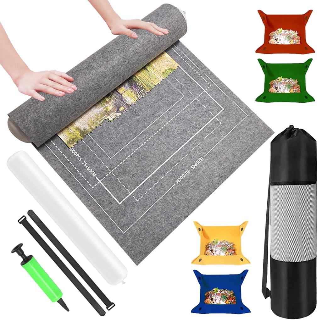PATPAT Felt Puzzle Floor Mat for 1500 Piece Jigsaw Storage with Air Pump and 4 Trays