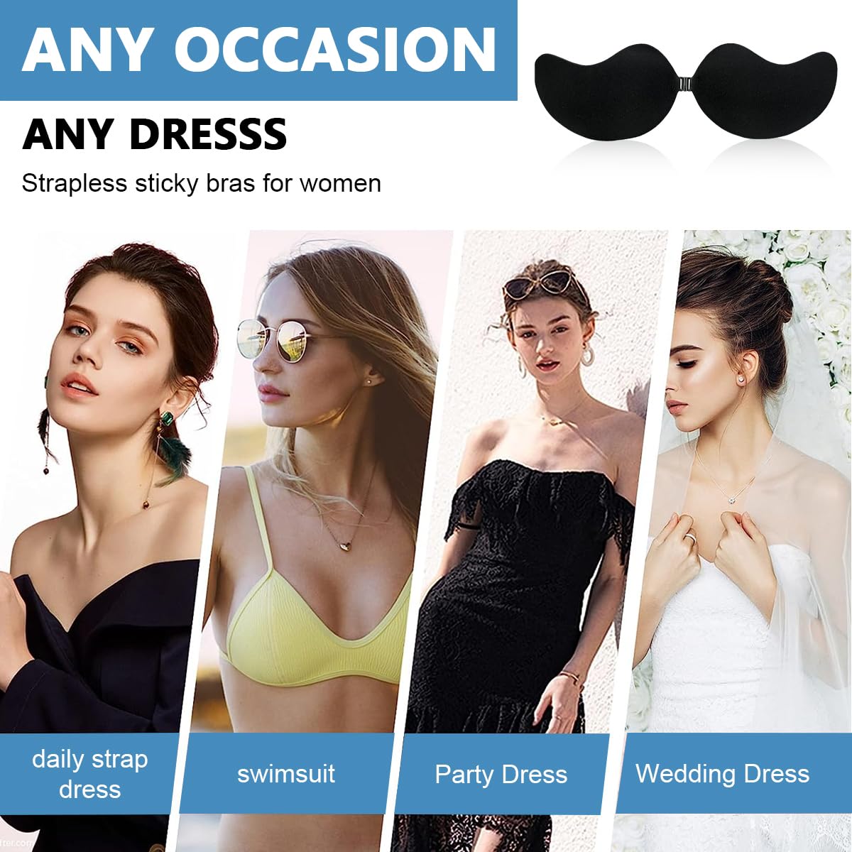 MAYCREATE Stick On Bra for Backless Dresses with Quick Hook Design | Silicone Black D Cup