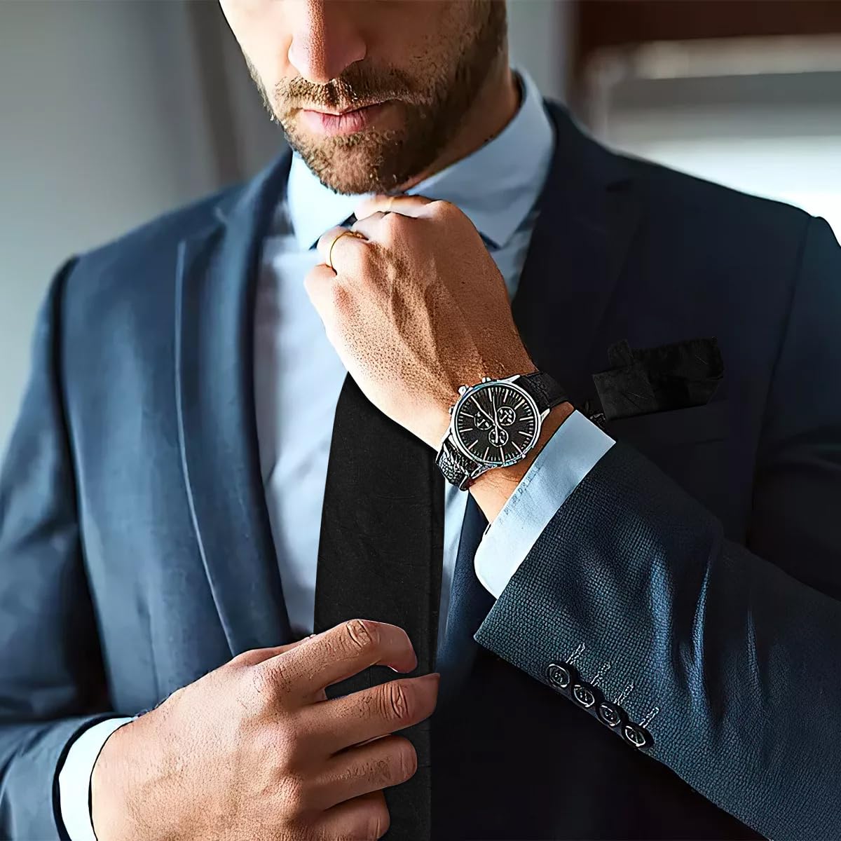 GUSTAVE Tie for Men Set with Pocket Square Cufflinks and Tie Clip in Black | Formal and Casual Gift