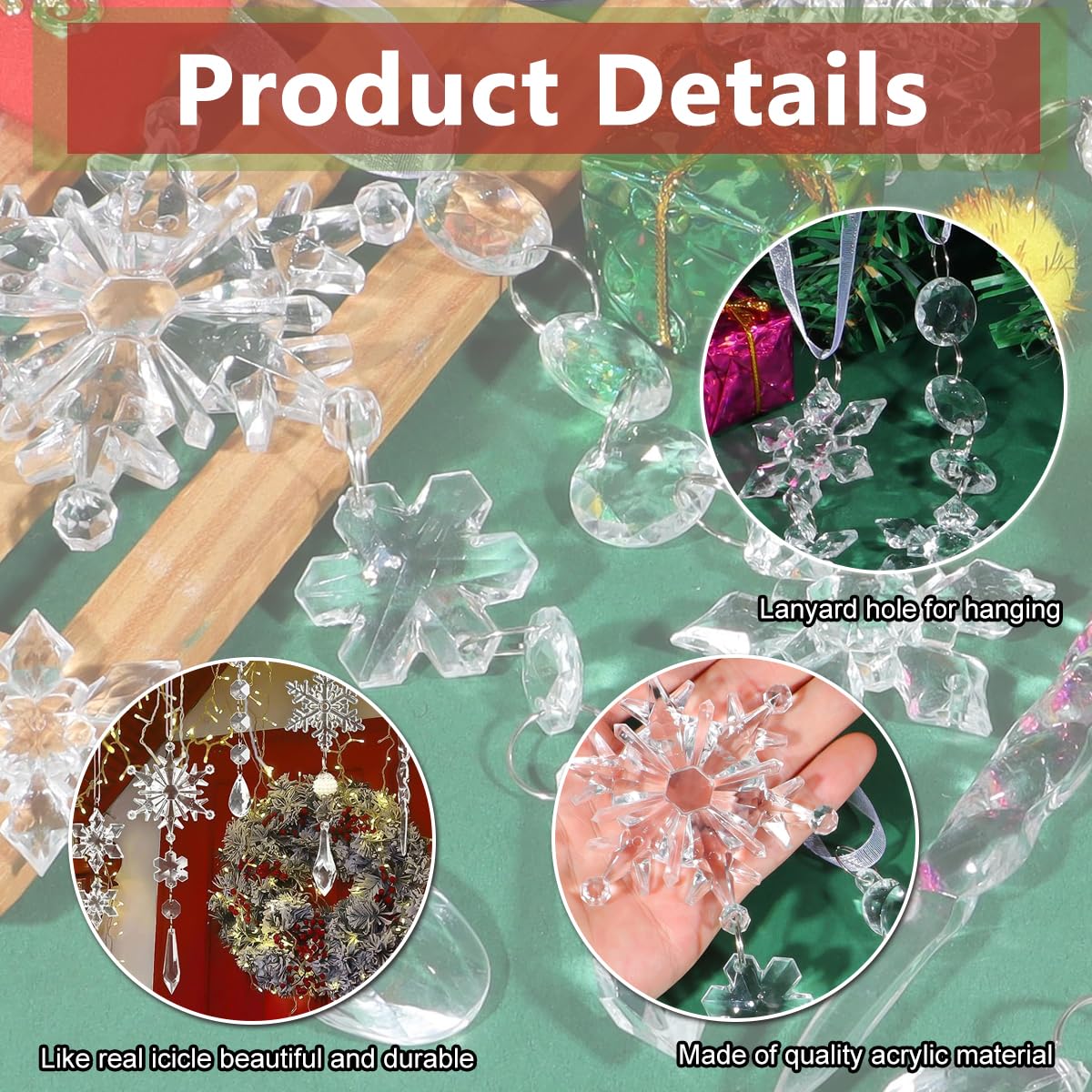 Venzina Crystal Acrylic Christmas Tree Ornaments for Holiday Décor with 10 Snowflake & Icicle Designs