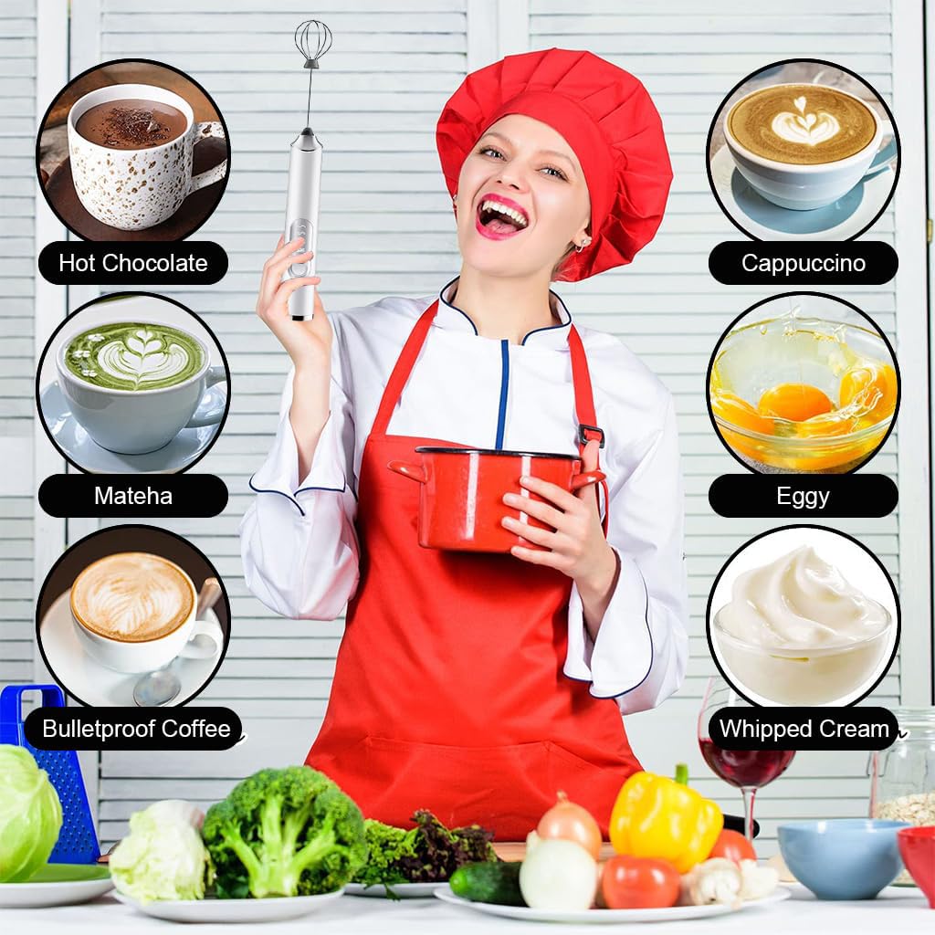 Supvox Hand Blender for Coffee 3 in 1 Frother Coffee Maker with 3 Speed Milk Frother for Coffee Frother Electric USB Rechargeable Coffee Beater with 3 Stainless Whisks Head for Latte Chocolate White