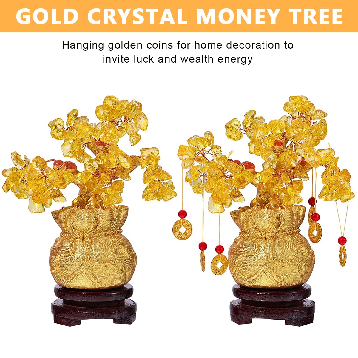 HASTHIP® Feng Shui Tree Crystal Tree of Life, Good Luck Items for Home Decor, Golden Money Tree with 6 Hanging Coin Charms, Crystals Decoration Ornament Sculpture (19X18X8cm)