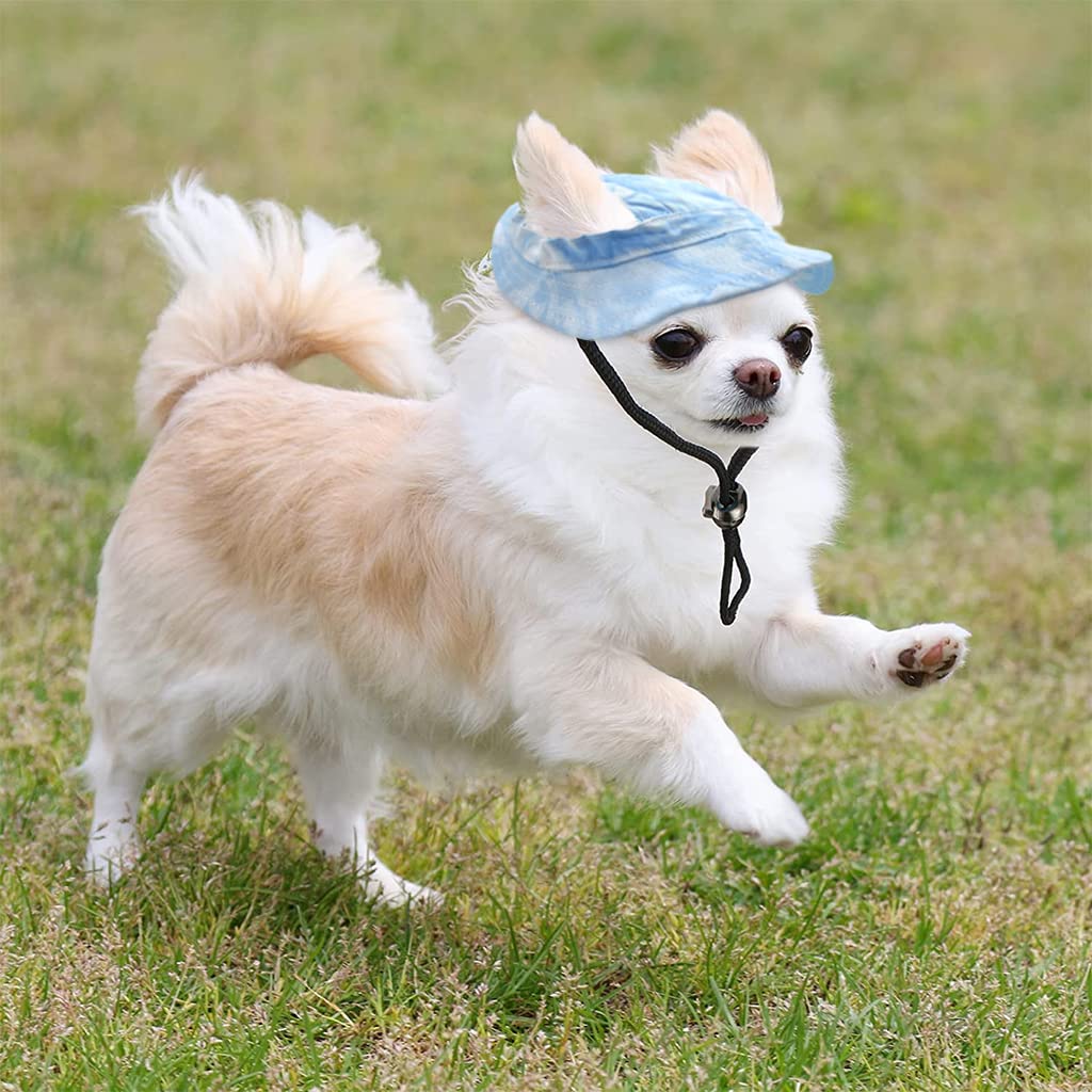 Qpets Dog Sun Hat for Small Dogs with Adjustable Chin Strap and Ear Openings | Blue Cotton Size L 41cm