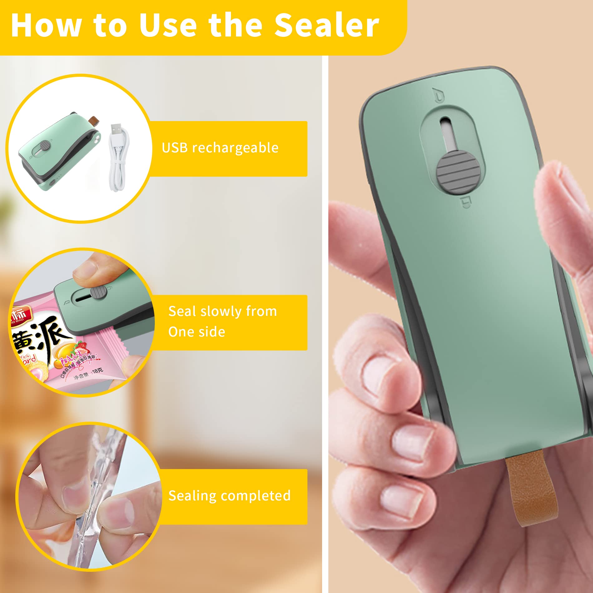 HASTHIP Mini Sealing Machine for Food Bags with Hidden Cutter and 3 Adjustable Temperatures | USB Rechargeable Compact Design