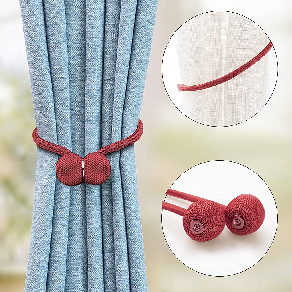 HASTHIP Magnetic Curtain Tiebacks for Home and Office with Strong Nickel Magnet | Red 2 Pack 16in Rope