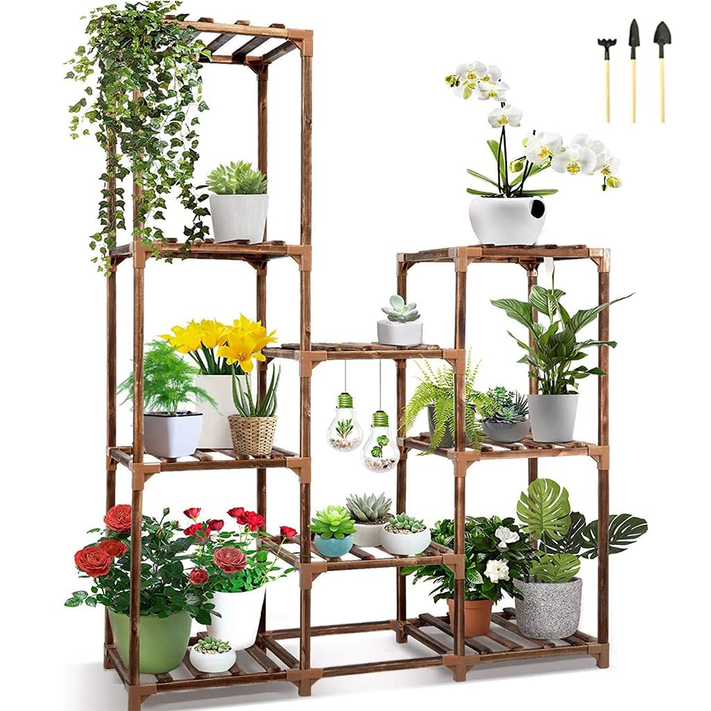 HASTHIP 4 Tier Plant Stand for Balcony and Indoor with 9 Pot Spaces and Off Ground Design | Solid Wooden Rack for Living Room Patio Garden