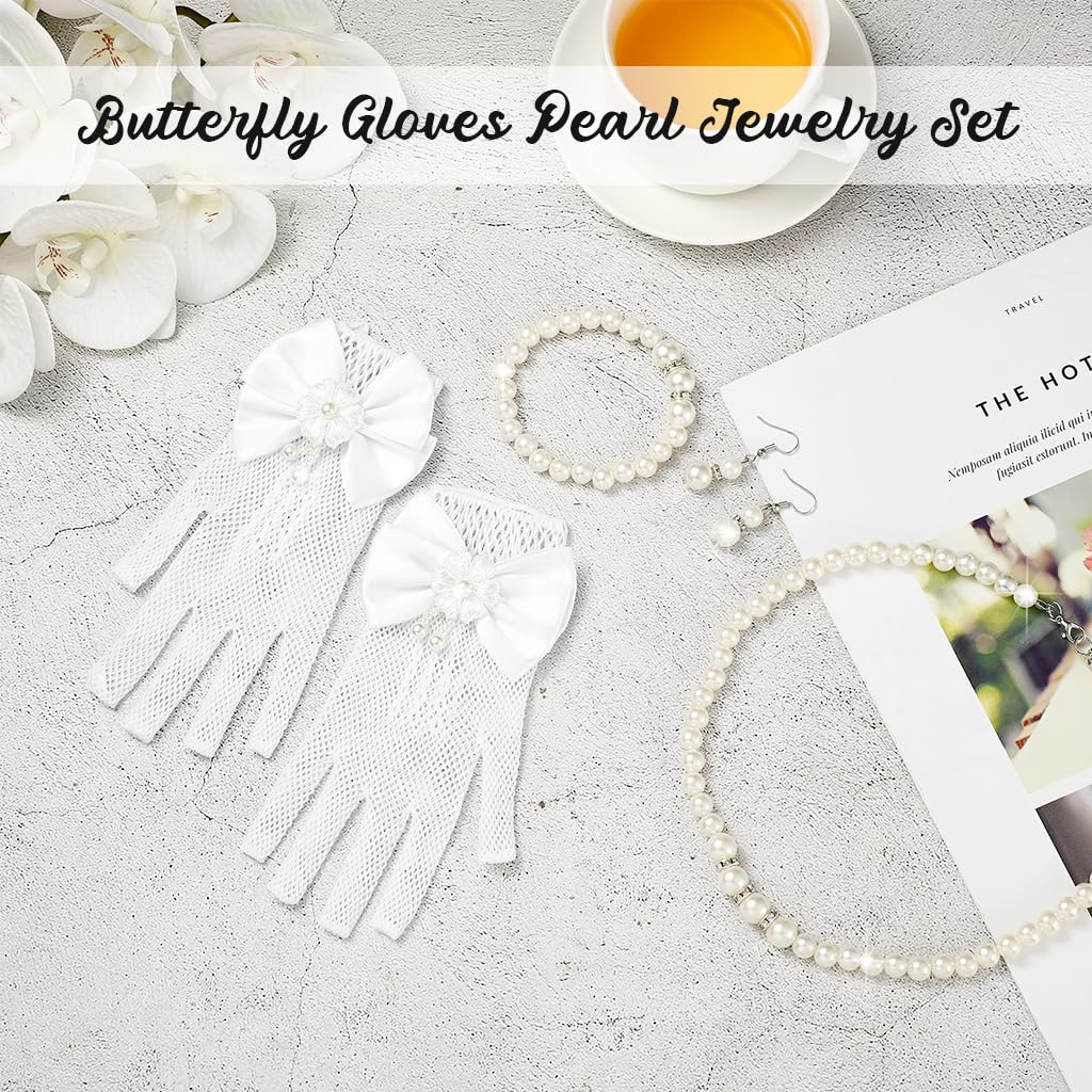 SNOWIE SOFT 4Pcs Girls Jewelry Dancing Party Dressing Kit Lace Bow Gloves Jewelry Set with Pearl Earrings, Pearl Necklace, Bracelet Girls Jewelry Lace Gloves Kit for Ball, Party
