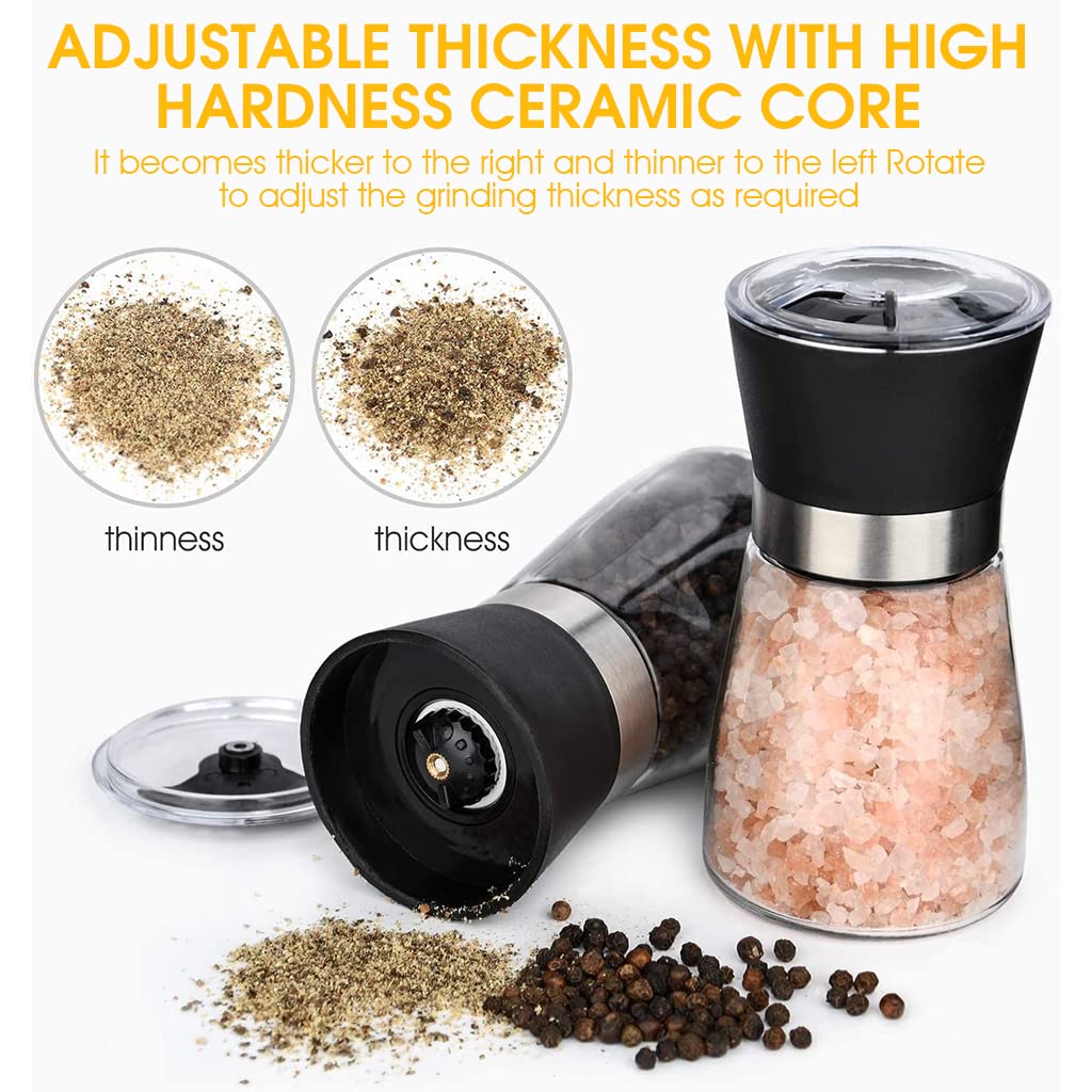 HASTHIP® Pepper Crusher, Salt and Pepper Clear Grinder with Adjustable Ceramic Blades & Dust Cover Lid, Salt and Pepper Shaker Glass Bottle for Coarseness Grind Spices, 180ml, 1 Pcs, Black