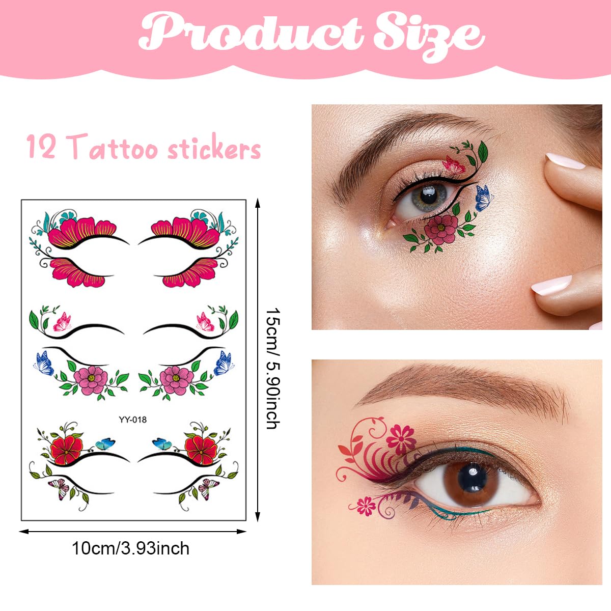 MAYCREATE® 38 Pairs Temporary Eye Tattoo Stickers Colorful Eye Makeup Stickers Women and Girls Makeup Stickers Tools Christmas Birthday Valentine's Day Carnival Festival Face Decoration - 12 Sheets