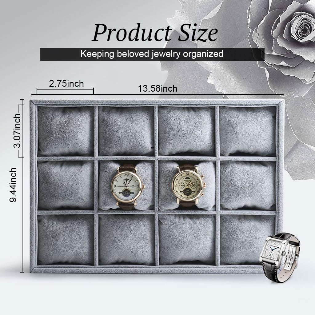 MAYCREATE Velvet Watch Box Organizer with 12 Slots and Adjustable Pillow | 35.5x24.5x5cm Stackable Jewelry Storage for Men and Women