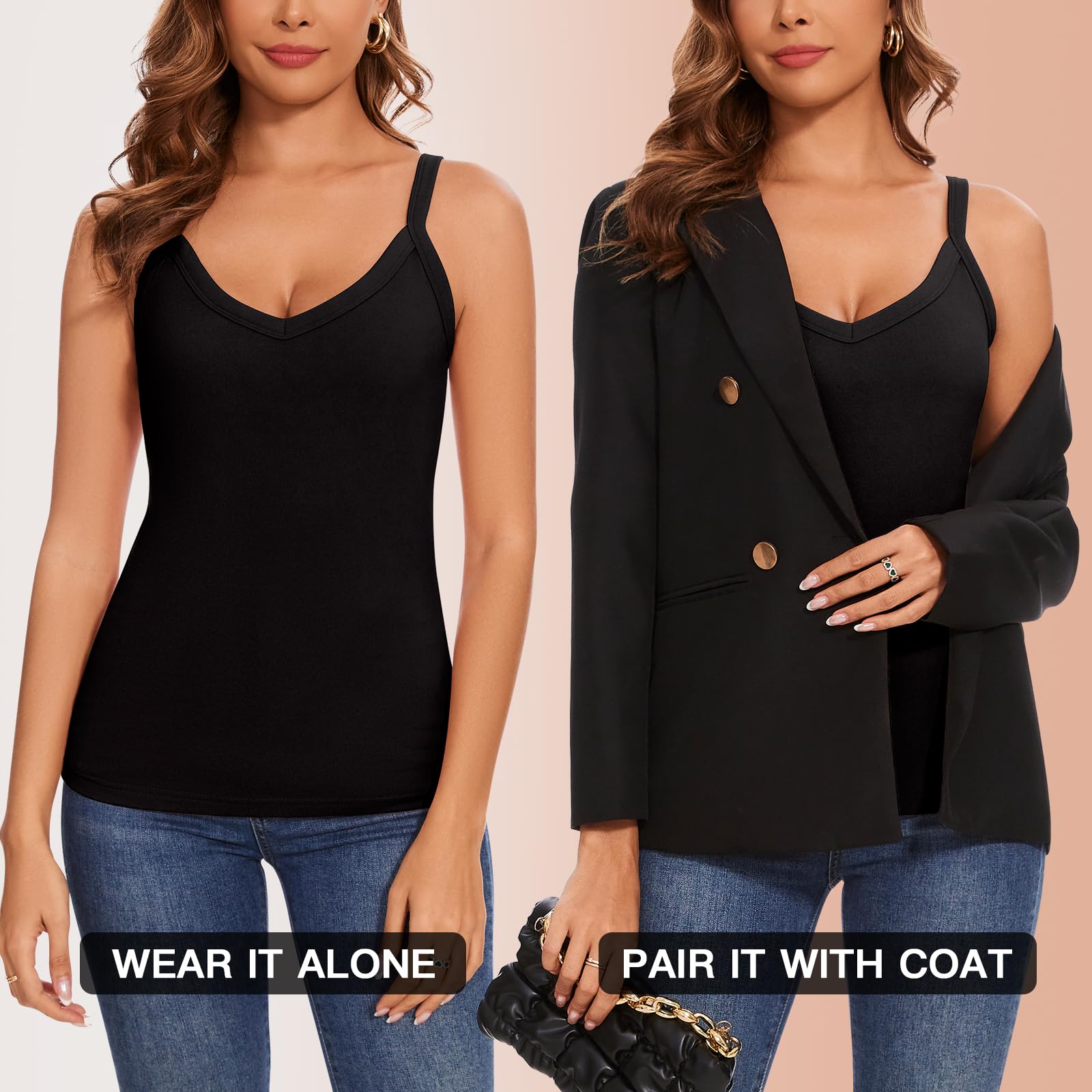 ZIBUYU Thermal Top for Women featuring V Neck Fleece Lined Cotton Tank in Black | Warm Slim Fit Base Layer