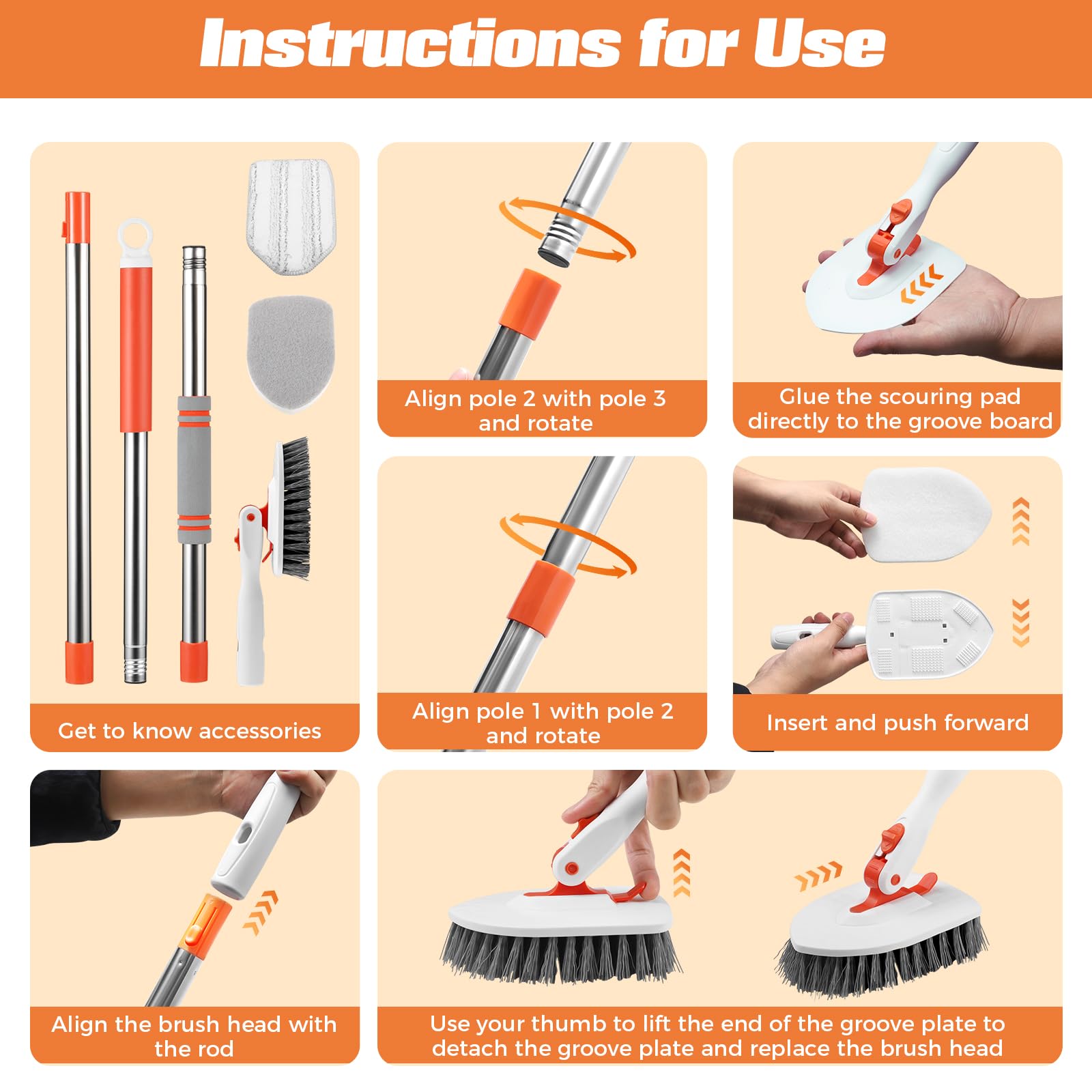 ZIBUYU Bathroom Cleaning Brush Kit for Tiles with 52 in Long Handle and 180° Swivel Head