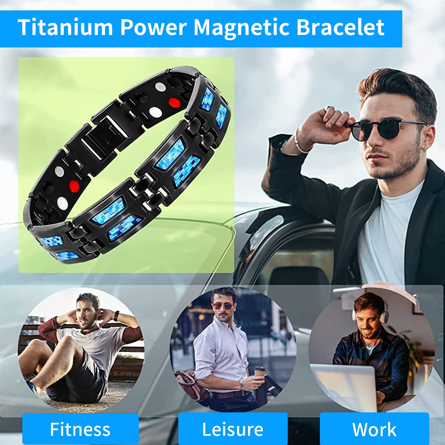 SANNIDHI Magnetic Therapy Bracelet for Pain Relief with Titanium Steel 8.54 in Black | Adjustable for Men and Women