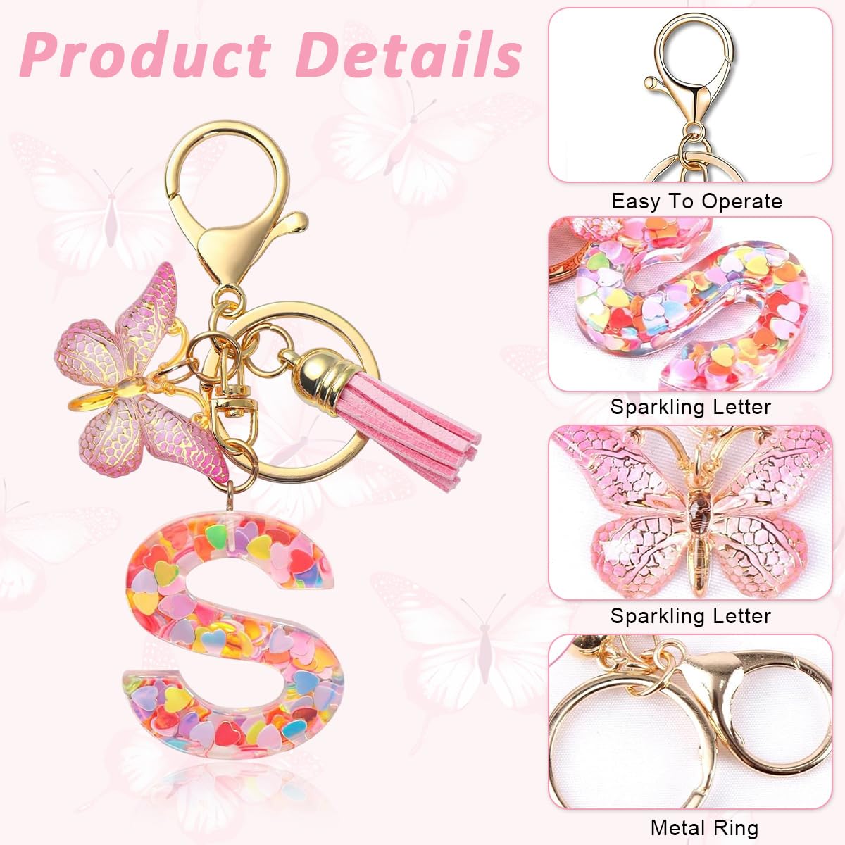 ZIBUYU Letter S Keychain for Bags and Backpacks featuring Pink Butterfly Clear Resin | 2 PCS Gift for Girls