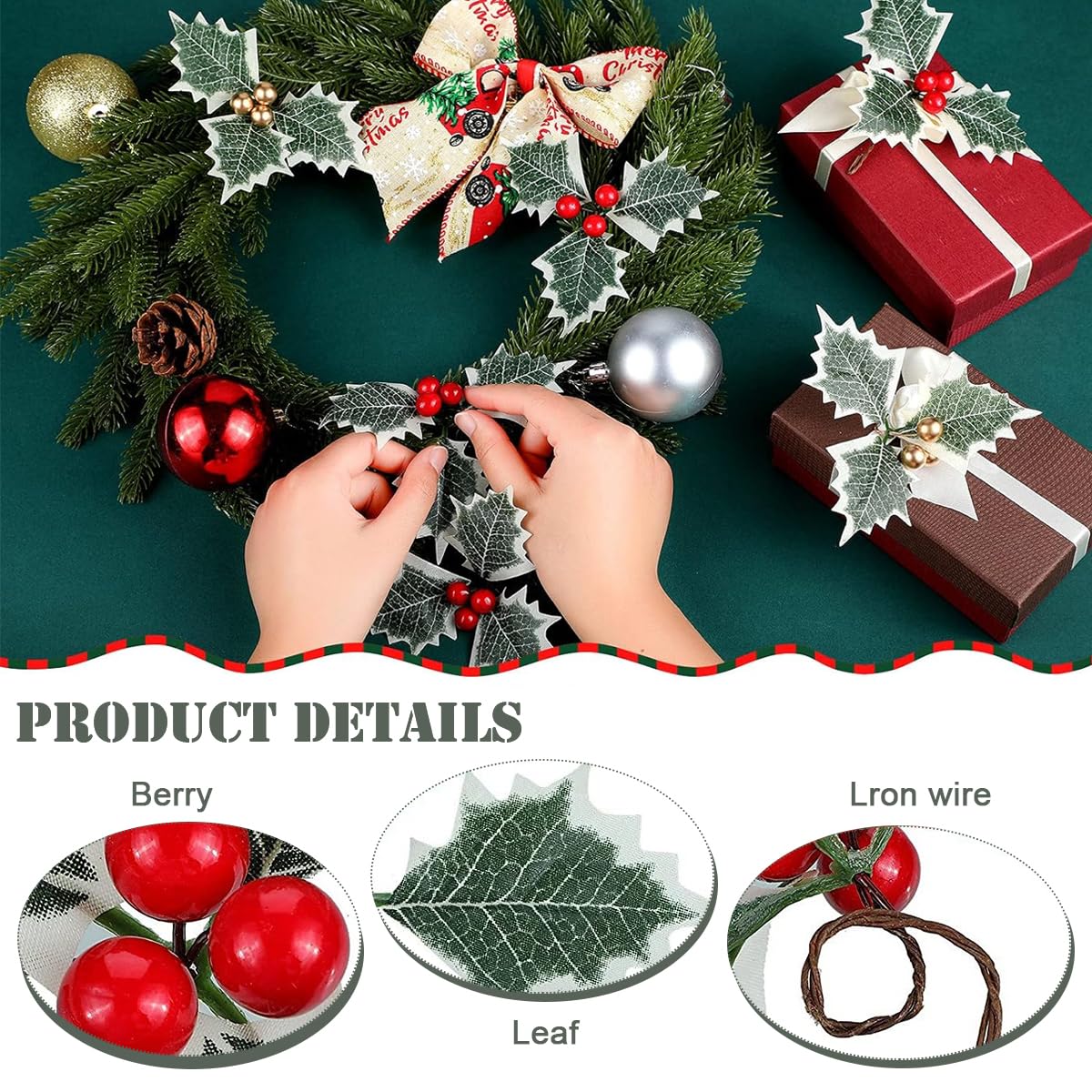 HASTHIP Holly Berries Christmas Decorations 30 Pcs for Tree Wreath & Home Decor | 13cm Gold and Red Artificial Leaves