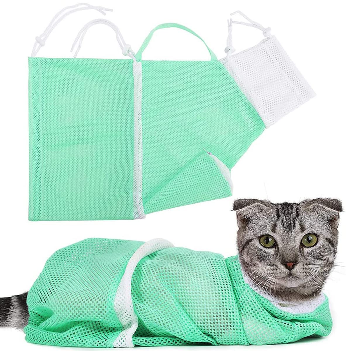 Qpets® 23*16*14 Inch Cat Bathing Bag Anti-Scratch Cat Grooming Mesh Bag for Bathing, Nail Trimming, Medicine Taking, Injection, Adjustable Multifunctional Breathable Restraint Shower Bags(Green)