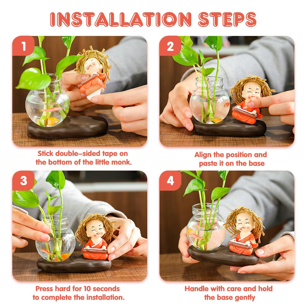 HASTHIP Zen Hydroponic Kit for Desk Decor with Glass Bottle and Smiling Little Monk Figurine