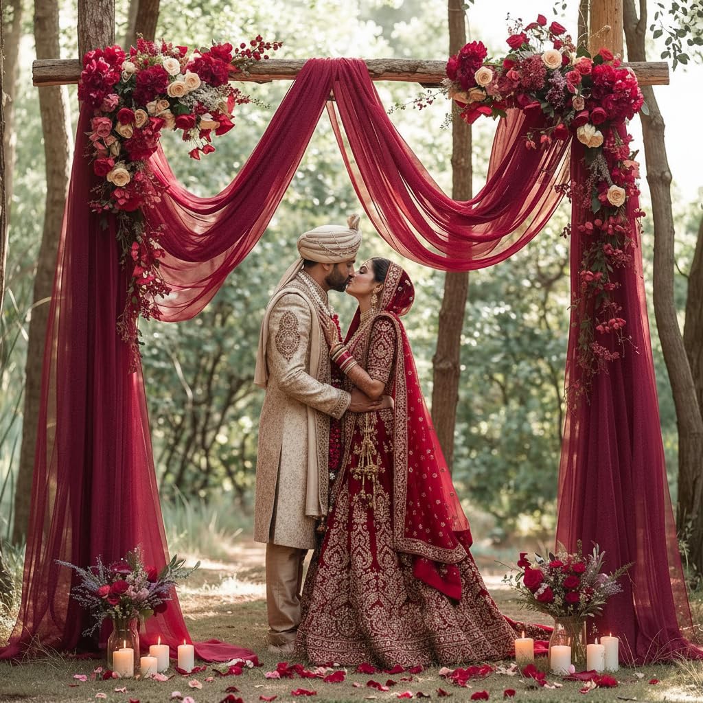 HASTHIP Net Curtain for Wedding and Festive Decor featuring Sheer Lace Design 0.75x6 m | Burgundy Red Fabric for DIY Crafts and Backdrops