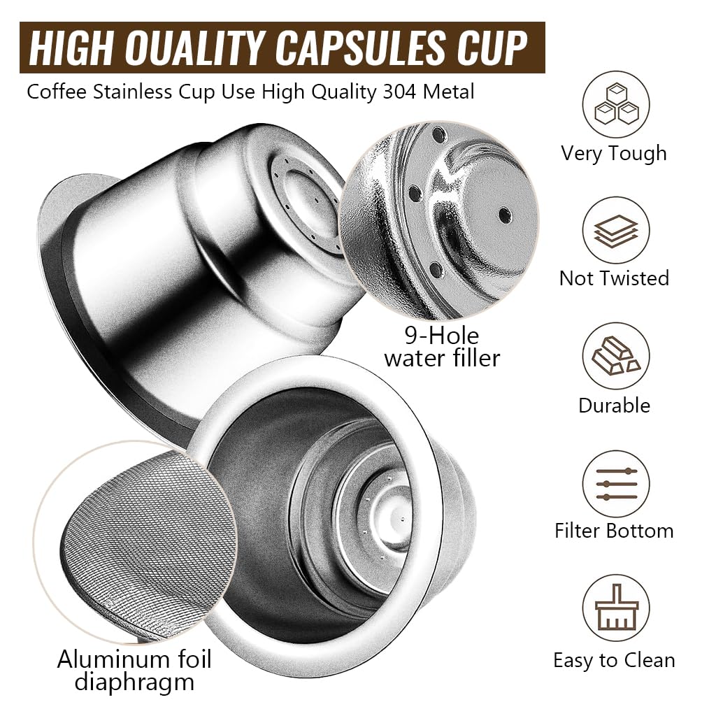 Supvox Reusable Stainless Steel Coffee Capsule with 100 pcs Foil Film Covers and PP Tamper | Sustainable Espresso Brewing Set