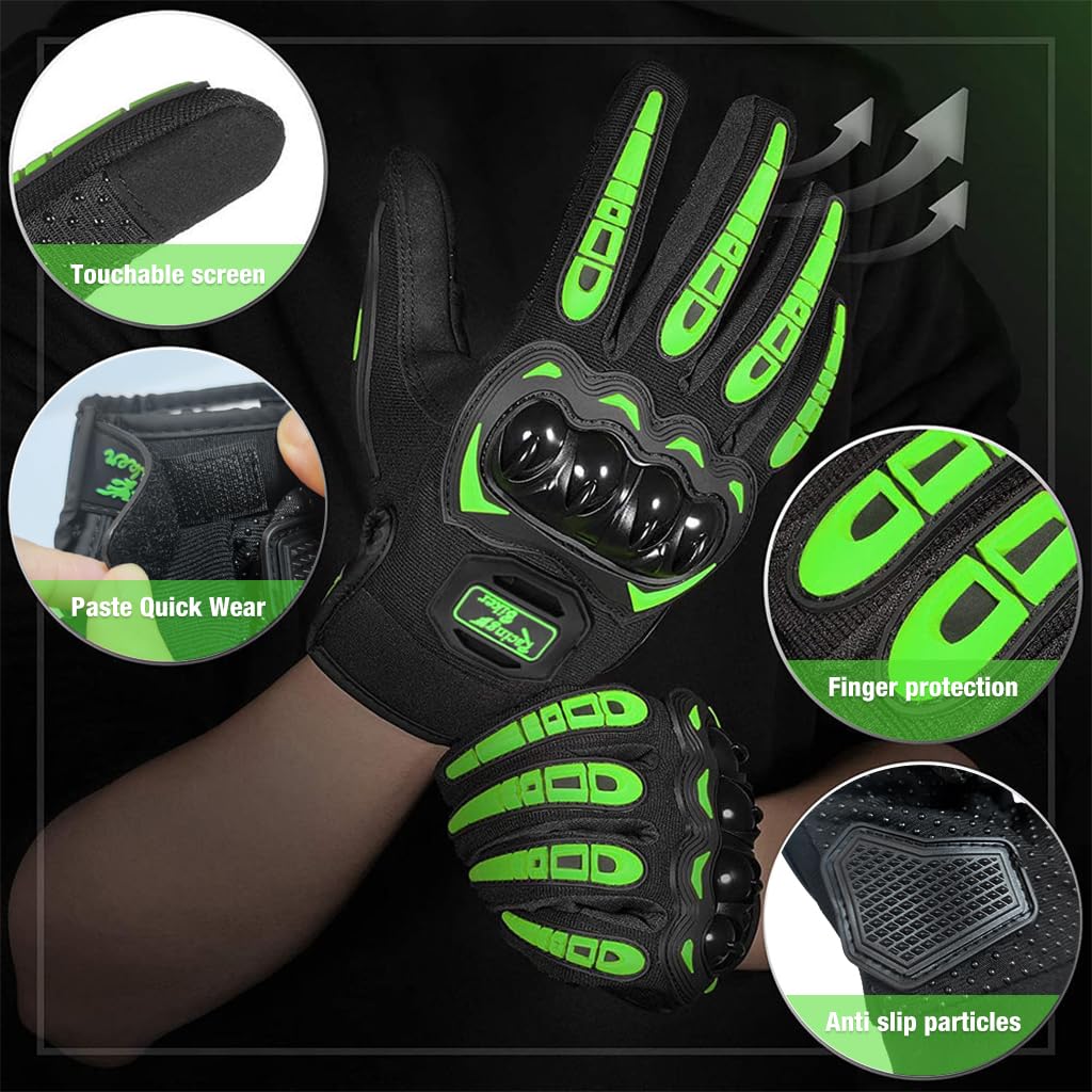 PROBEROS Motorcycle Gloves for Riding and Outdoor Sports with Hard Knuckle Protector | Green Unisex Touchscreen Full Finger Gloves 3.1–3.5 in Palm