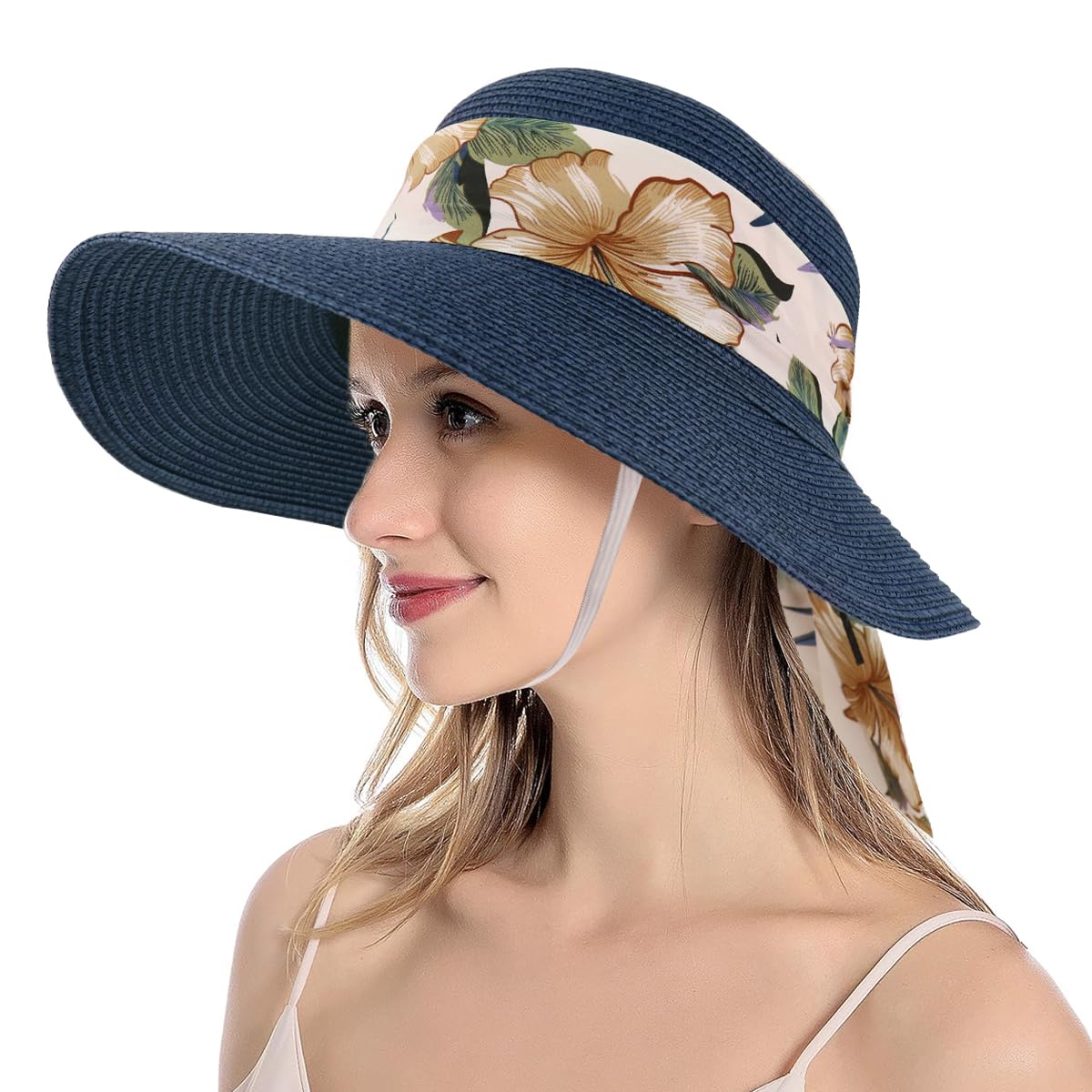 PALAY Straw Hat for Women with Wide Brim for Sun Protection and Floral Ribbon | Blue Summer Beach Hat
