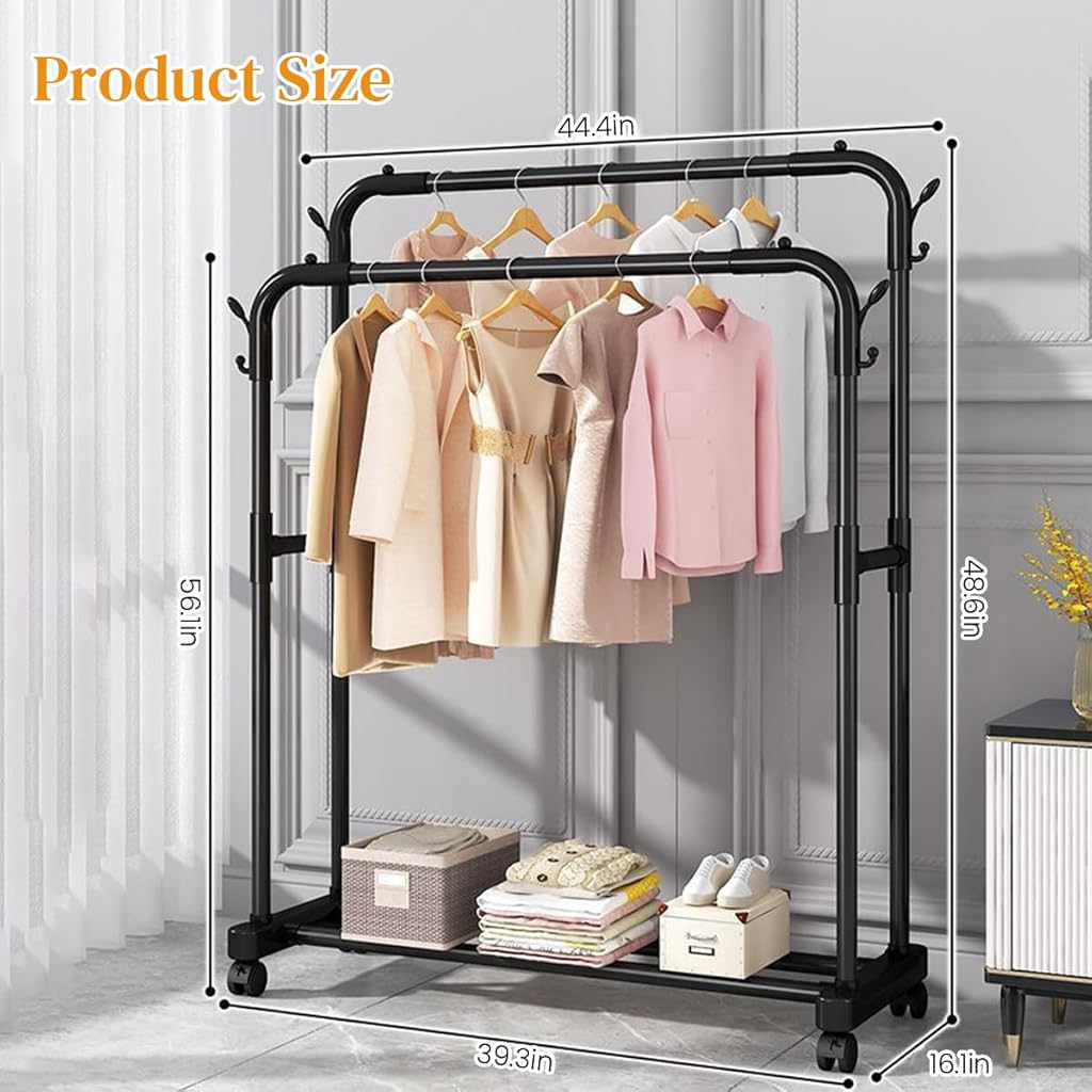 HASTHIP Garment Organizer Rack Moving Floor Clothes Rack Garment Rack with Wheel Double Layer Metal Clothes Organizer Rack with Utiliy Shoe Rack Multi Purpose Open Garment Organizer Rack