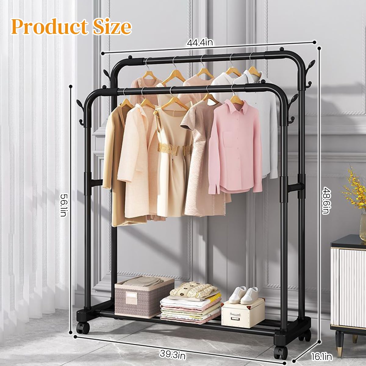 HASTHIP Garment Organizer Rack for Bedroom with Double Layer Metal Frame and Wheels | Includes Utility Shoe Storage