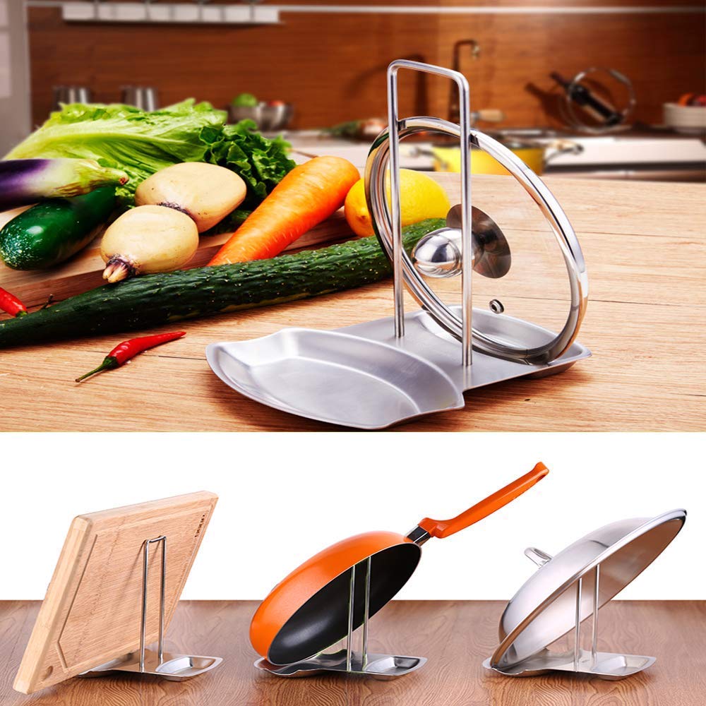 Supvox® Pan Lid Holder Progressive Lid and Spoon Rest Shelf 304 Stainless Steel Pan Lid Organizer Kitchen Decor Tool