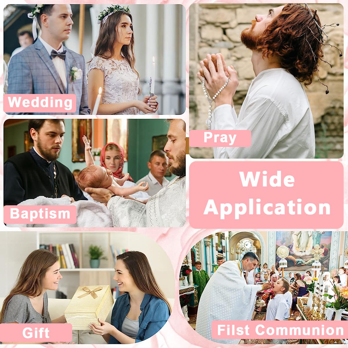 SANNIDHI Cross Pendant Pearl Necklace with 8mm Rosary Beads for Prayer and Gift Box