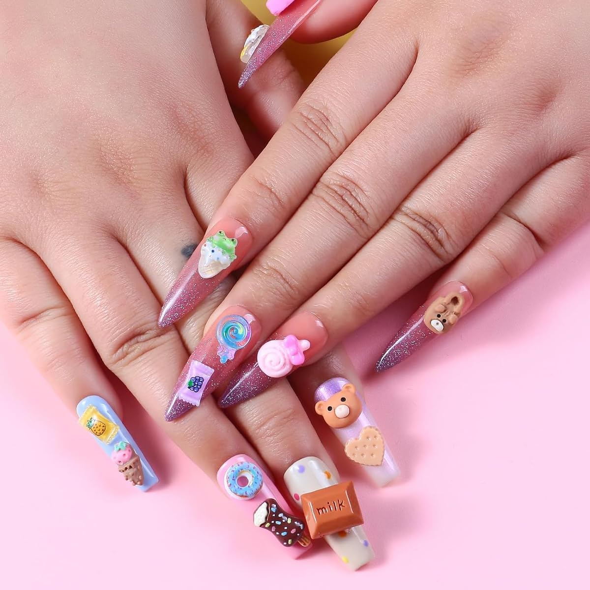 MAYCREATE 3D Candy Nail Charms for DIY Crafts featuring Lollipop and Gummy Bear Designs 2 PCS