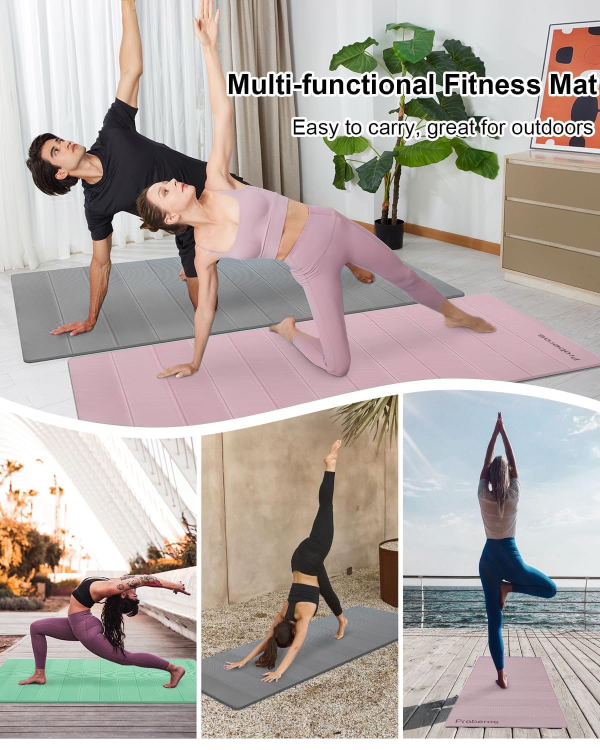 Proberos Folding Yoga Mat for Home Workout with Anti Slip Texture and 72x24 in Size | TPE 5mm Thick Pink Mat