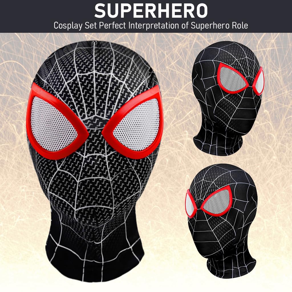 FANCYKU® 3D Spider-Man Mask and Gloves Gift, Spiderman Masks Spider Man Cosplay Costumes Superhero Lenses for Adult Kids, Role Play Superhero Masks for Halloween Masquerade Cosplay (Black)