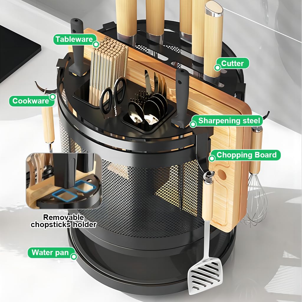 HASTHIP Kitchen Organizer for Tableware and Cutting Boards with 360° Rotatable Design | 23.5x24cm Carbon Steel Rack with 4 Hooks