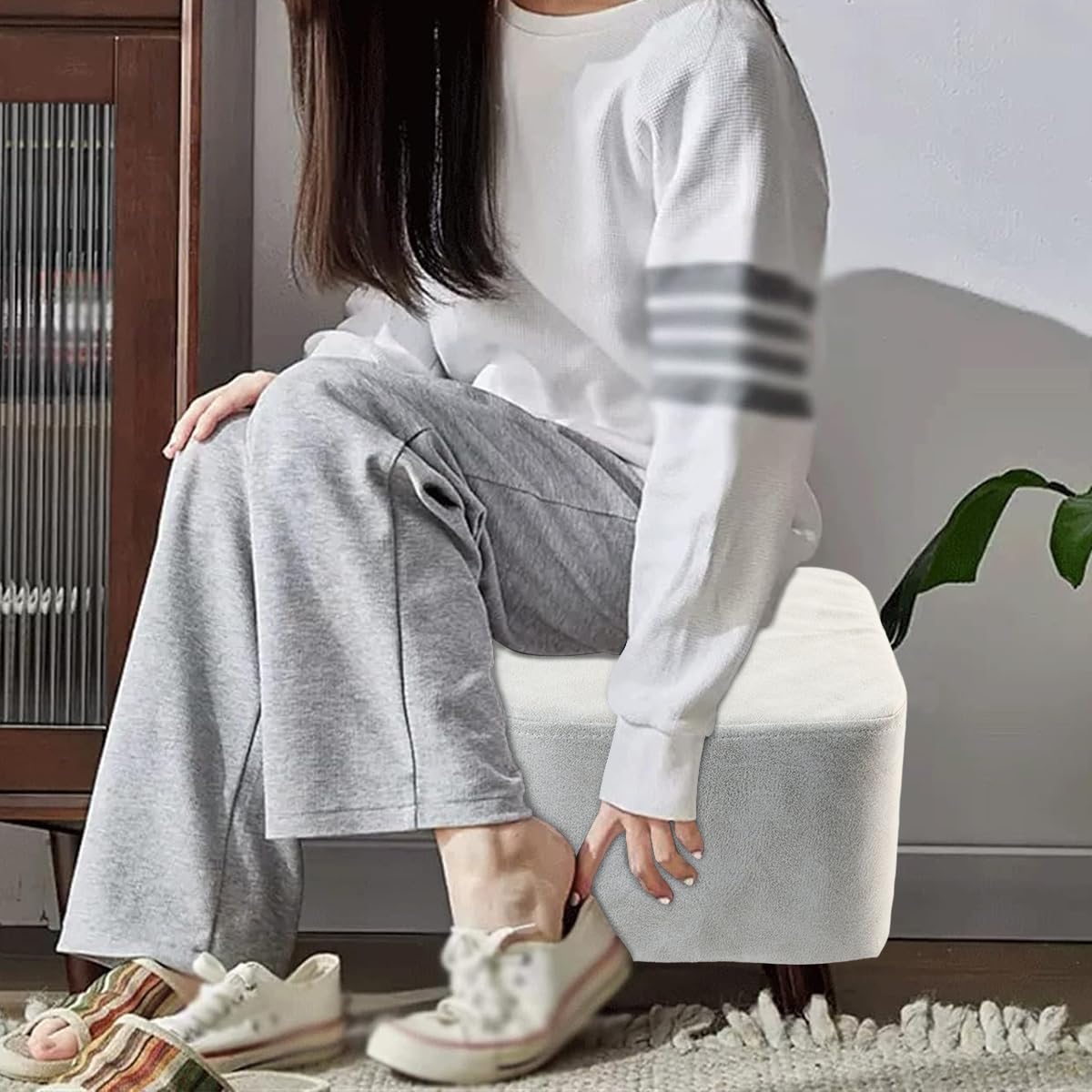 HASTHIP Ottoman Stool for Living Room with 11x11x7.8 in Size and Triangular Wooden Support | Grey Leather Cushion Footrest