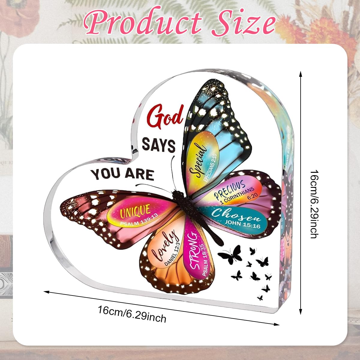 HASTHIP Inspirational Christian Desk Decor for Women with 15x15x1.5 cm Heart Acrylic Ornament | Faith Gift Featuring UV Printed Butterfly Design