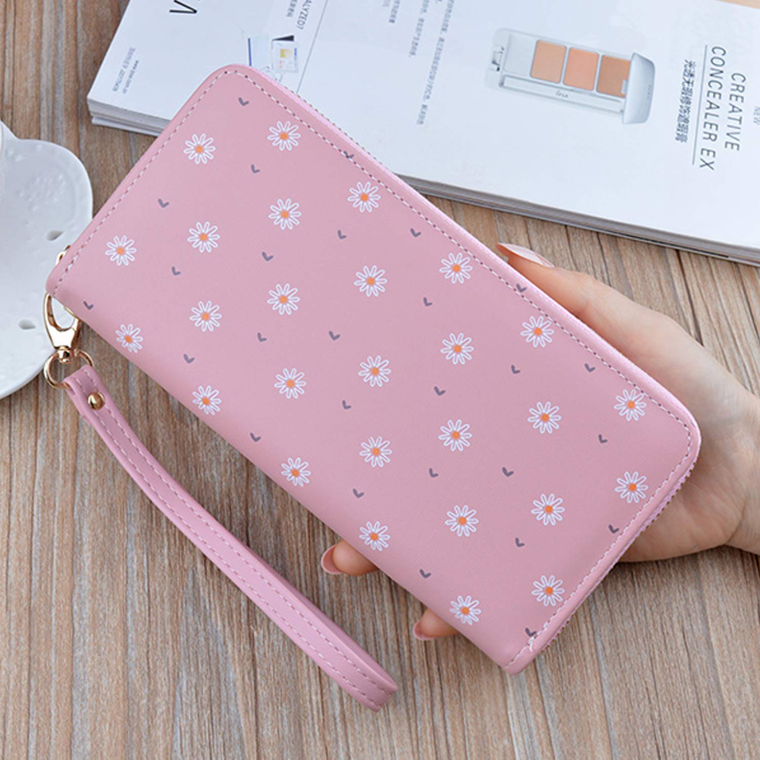 GUSTAVE Pink PU Leather Long Wallet for Women with 8 Card Slots and Zipper Pocket | 19.5x10x2.5cm