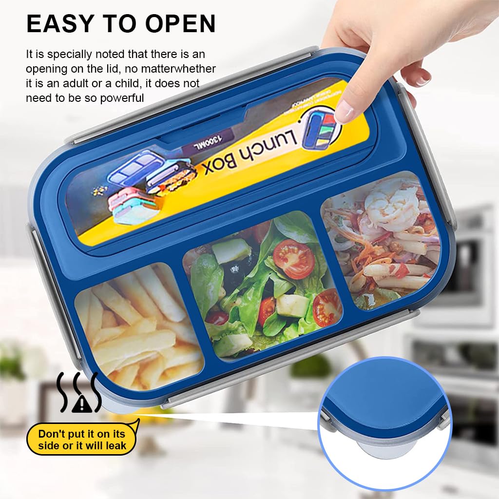 Supvox® Lunch Box for Kids School Bento Box for Kids 4 Compartments Bento Box Fruit Box for Kids to School, with 4 Samll Cups, Kids Fruit Picks, Mini Sauce Box, School Lunch Box for Kids, Blue