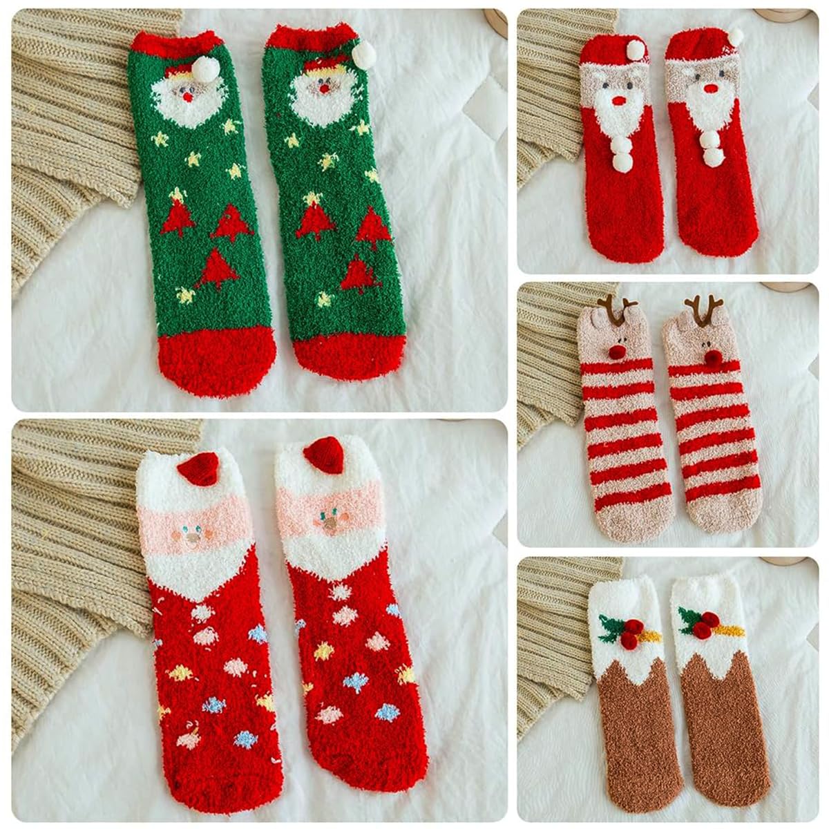 GUSTAVE® 5 pairs Christmas Socks Cute Christmas Floor Socks Winter Warm Socks Home Floor Socks Coral Velvet Socks Warm Winter Thermal Socks Ankle Socks Christmas Gift with Gift Box