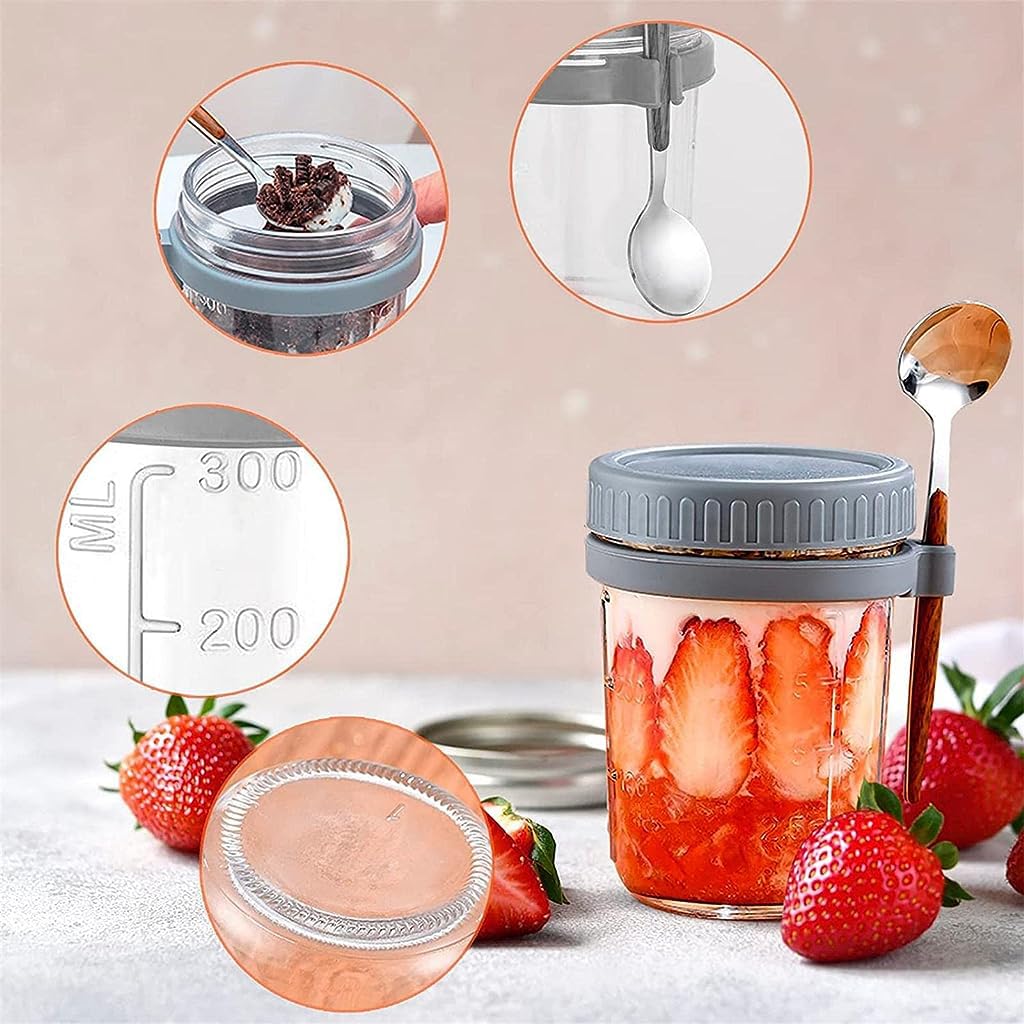 Supvox Overnight Oats Containers for Breakfast with Anti Leak Lid and Spoon 350ml Glass Jars | Pink and Grey Set of 2