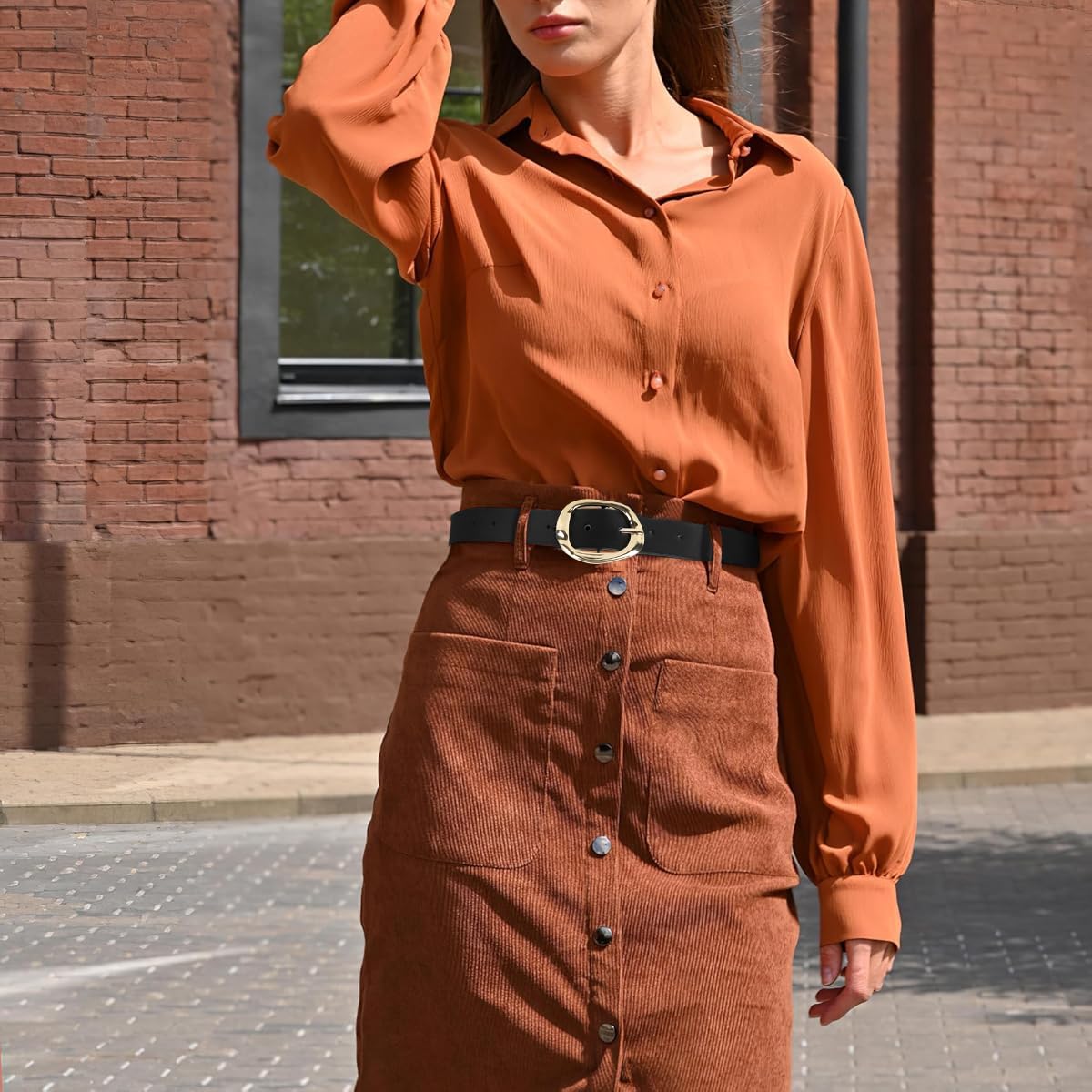 SANNIDHI Black Belt for Women featuring Tuck and Pin Closure with Golden Buckle | Adjustable 112cm PU Leather Waist Belt for Dresses and Jeans