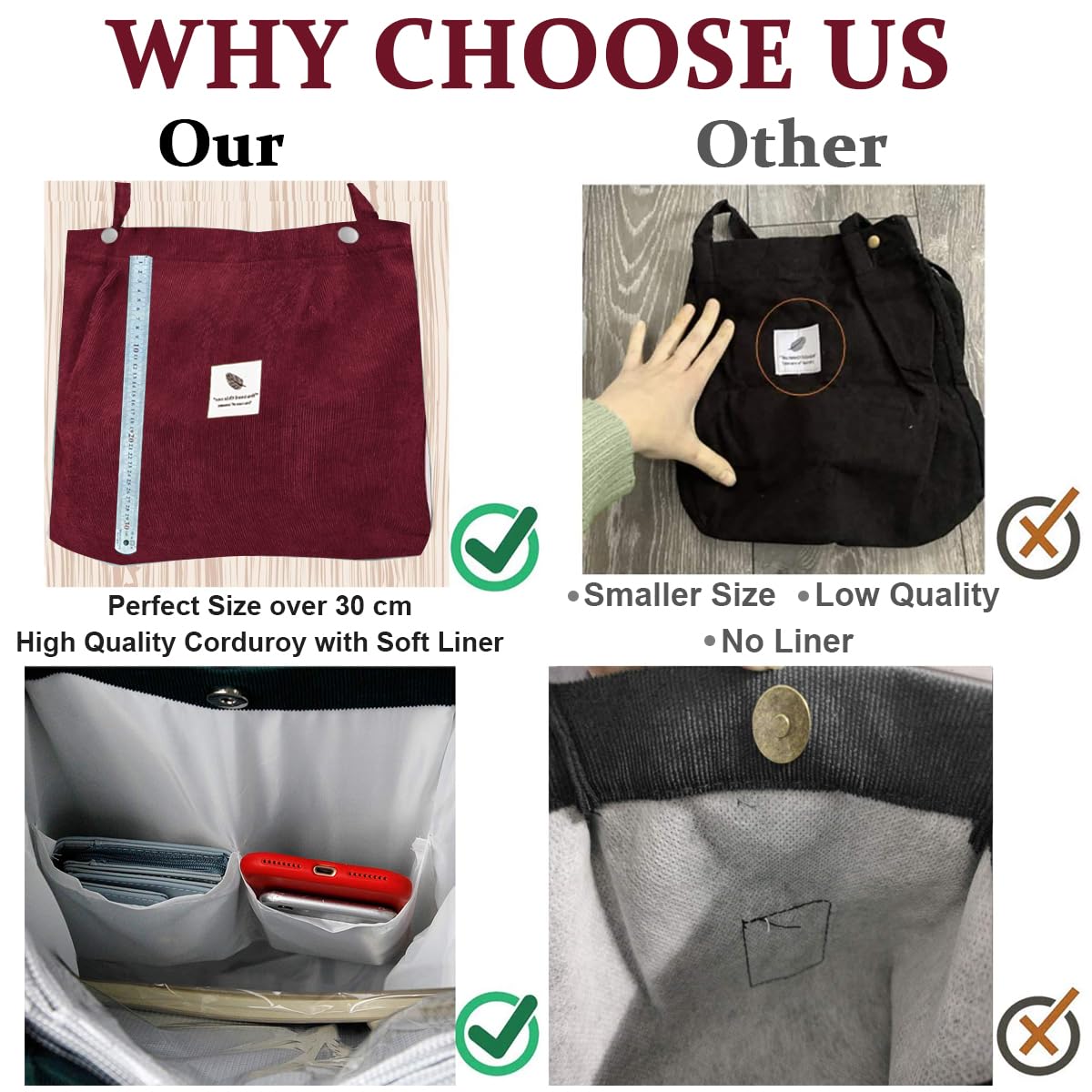 PALAY Tote Bag for Shopping and Commuting with Snap Button Closure 12.5x4.3x15.3 in Corduroy Burgundy