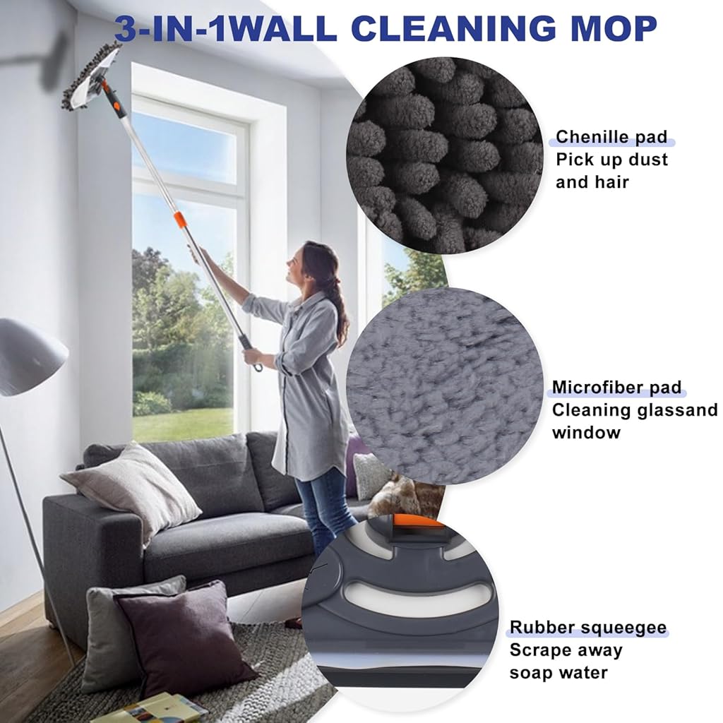 HASTHIP® Triangle Floor Mop Window Cleaner 6.6 Ft Adjustable Handle, 5 Rods, 6 Microfiber Heads, Push-Pull Squeezing Cleaning Mop Wet & Dry Cleaning Stick for Tiles, Windows, Corners, Ceilings