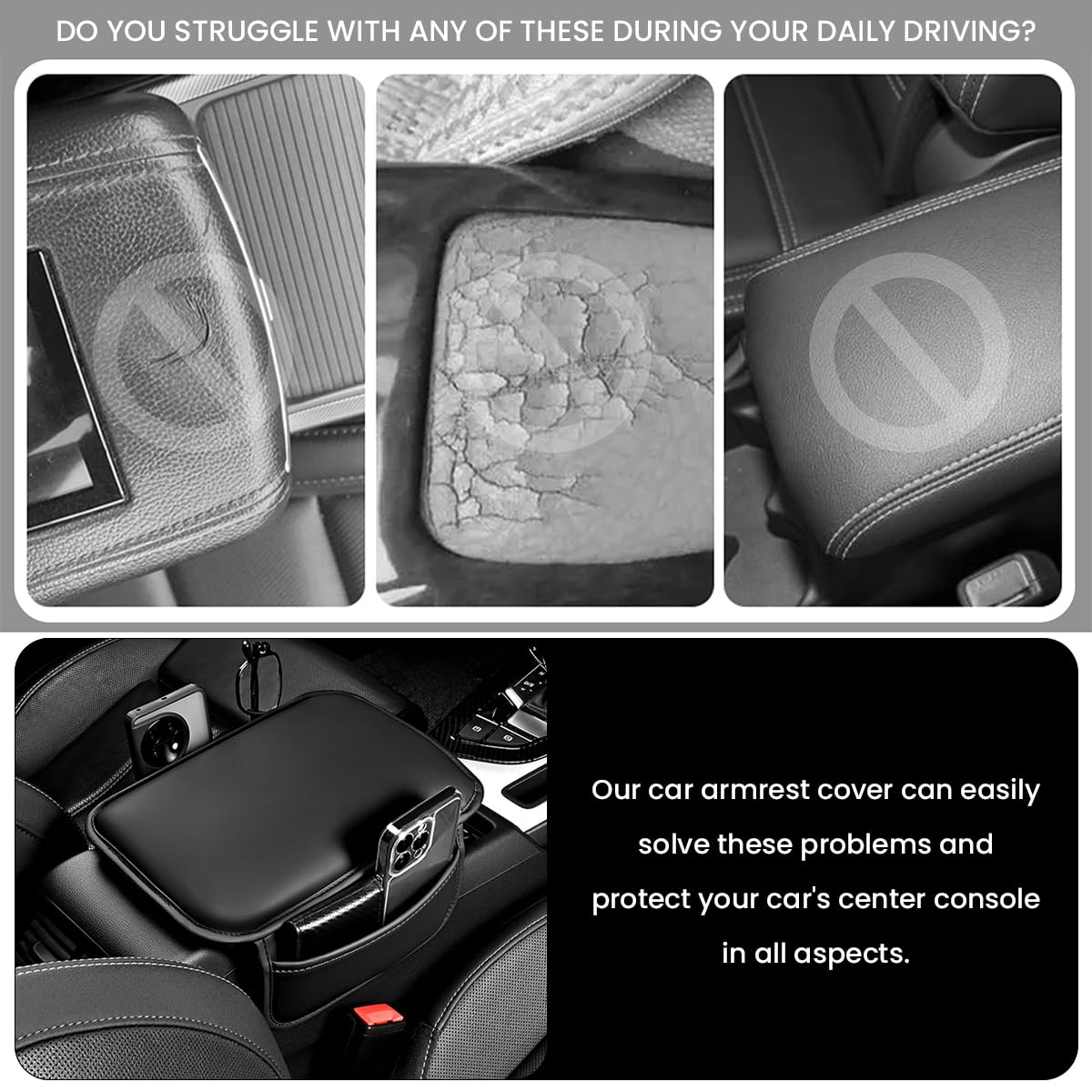 STHIRA® Car Center Console Armrest Pad Memory Foam Armrest Pad with 2 Storage Pouch Fashion PU Car Center Console Cover  Universal Center Console Armrest Pad Armrest Cover Car Organizer